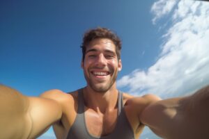 A muscular individual takes a selfie outdoors, showcasing clear blue skies and fluffy white clouds in the background.