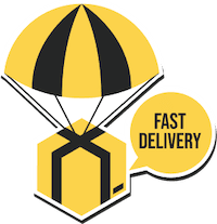 Logo featuring a yellow and black parachute above a box, with a speech bubble reading "Fast Delivery."