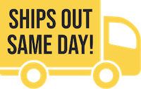 Yellow delivery truck graphic with bold text stating "SHIPS OUT SAME DAY!" emphasizing quick shipping service.