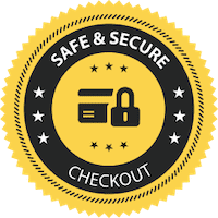Yellow and black badge with the text "Safe & Secure Checkout" and icons of a credit card and padlock, symbolizing secure online transactions.