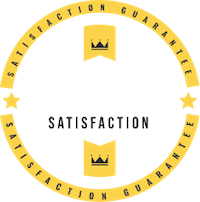 Circular badge featuring "100% Satisfaction Guarantee" in bold text, surrounded by decorative stars and crowns in yellow and white.