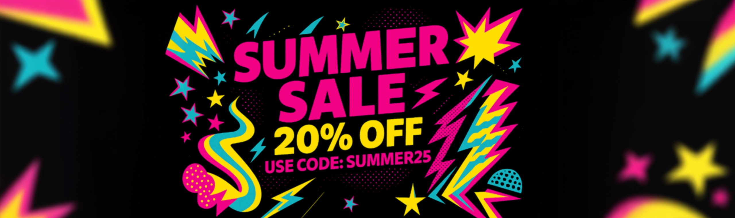 Bright, colorful graphic for a summer sale, highlighting "20% off" with the promo code "SUMMER25" against a black background.