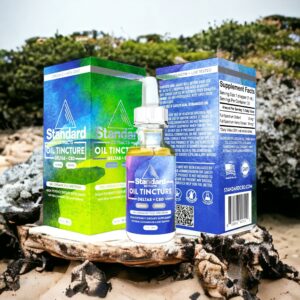 A person holds a bottle labeled "Premium Hemp Oil" from Pure Standard Extracts CBD and uses a dropper to extract the liquid from the bottle.