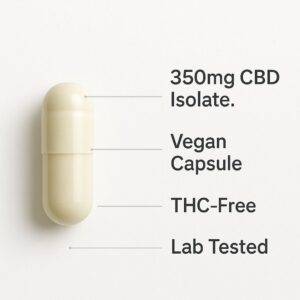 A single capsule is labeled with 350mg CBD isolate, vegan capsule, THC-free, and lab tested on a white background—highlighting one of the cleanest wellness products available.