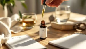 Glass of herbal tea, minimalist planner with "CBD" ticked. Hand gently holds dropper above the bottle.