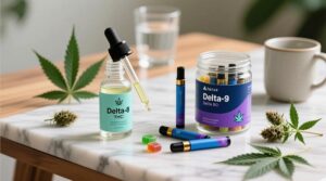 Bottles labeled Delta-8 and Delta-9 THC, vape pens, gummies, cannabis leaves, and buds arranged on a marble table with a glass of water in the background highlight the differences between Delta-8 vs Delta-9 vs CBD.