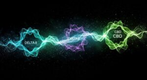  Colorful abstract visual featuring three labeled circles—Delta 8, Delta 9, and CBD—connected by a wavy line on a dark background, highlighting the differences in Delta-8 vs Delta-9 vs CBD.