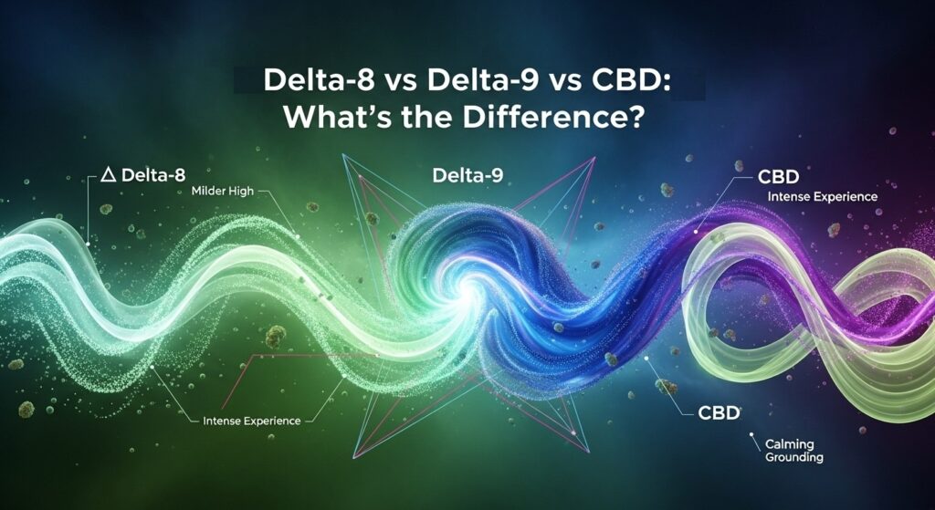 Abstract graphic comparing Delta-8 vs Delta-9 vs CBD, with text highlighting Delta-8 as milder, Delta-9 as intense, and CBD as calming and grounding.