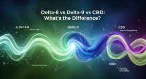 Abstract graphic comparing Delta-8 vs Delta-9 vs CBD, with text highlighting Delta-8 as milder, Delta-9 as intense, and CBD as calming and grounding.