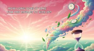 A dreamy illustration with clocks, an hourglass, swirling clouds, and leaves, featuring the question "How long CBD edibles to kick in?" floating in the sky.