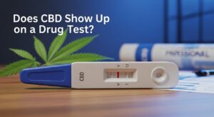 A drug test device labeled "CBD" rests on a desk beside a cannabis leaf and documents, raising the question: Does CBD Show Up on a Drug Test?.