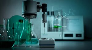  A laboratory scene showing glassware, scientific equipment, and a digital display with chemical formulas related to THC analysis, highlighting questions like "Does CBD Show Up on a Drug Test?.