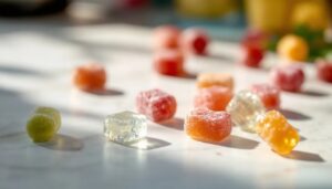 Assorted colorful gummy candies, some coated with sugar, scattered on a white surface in natural sunlight. Wondering how long for CBD edibles to kick in? Effects typically begin within 30 minutes to two hours after consumption.