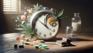 An old-fashioned clock surrounded by cannabis leaves, gummies, chocolate, pills, milk, and glass jars on a wooden table with sunlight streaming through blinds invites the question: How Long for CBD Edibles to Kick In?.