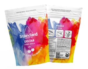 Two colorful pouches labeled "Standard Extracts DELTA8 25mg each, 10 vegan gummies," show branding, dosage, and usage instructions—helpful details if you're wondering how long Delta-8 stays in your system.