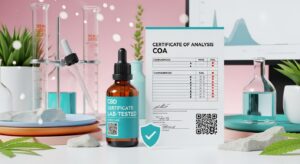A bottle labeled "CBD Certificate Lab-Tested" stands next to a Certificate of Analysis document, highlighting third party lab test CBD products, with lab equipment, charts, and plants in the background.