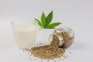 A glass of hemp milk sits next to a tipped-over jar of hemp seeds, with a hemp leaf in the background on a white surface—a wholesome way to include hemp in diet.