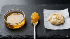 A small glass bowl of honey, a spoonful of honeycomb, and a dollop of beeswax on parchment paper arranged on a black slate surface.