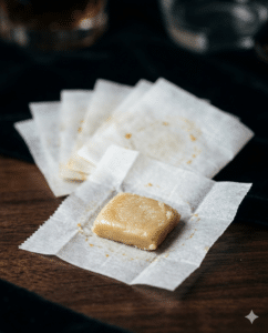 A piece of caramel candy sits on a square of parchment paper, with more wrapped candies in the background on a wooden surface.