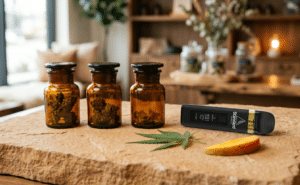 Three amber glass jars with dried herbs, a cannabis leaf, a slice of yellow fruit, and a black digital device are arranged on a stone surface in a rustic indoor setting.
