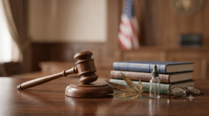 A judge’s gavel, books, reading glasses, a cannabis leaf, and a dropper bottle on a courtroom desk with the U.S. flag in the background.