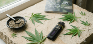 A vape device, hemp seeds in a black bowl, and several cannabis leaves arranged on a stone surface next to a booklet displaying a CBD chemical formula.