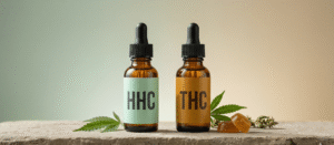 Two dropper bottles labeled "HHC" and "THC" sit on a stone surface with cannabis leaves and edibles beside them against a neutral background.