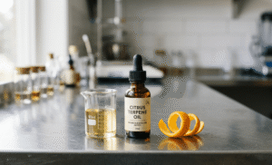 A bottle labeled "Citrus Terpene Oil," a beaker with yellow liquid, and orange peel sit on a stainless steel countertop in a laboratory setting.
