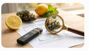 A cannabis bud under a magnifying glass, a handheld analyzer, a halved lemon, a whole lemon, and mint leaves on a lab report with graphs and data.