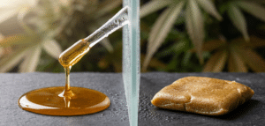 Liquid live resin oil and live rosin concentrate compared side by side.