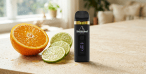 A black vape device labeled "Standard Extracts" stands on a counter beside sliced lime and orange, with a bright, blurred indoor background.