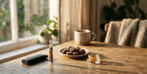Live resin vape cartridge and live rosin gummies showing different product formats.