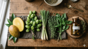 A wooden table displays a sliced mango, fresh hops, lemongrass, thyme, basil, and a brown glass jar labeled "cannabis flower - myrcene.