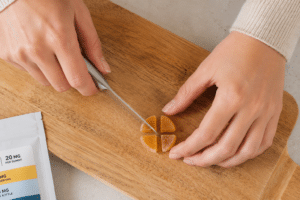 Slicing gummy candy in the kitchen