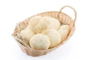 Lion s mane mushrooms in a wicker basket on a white background. The mushrooms have an off-white, hairy appearance.