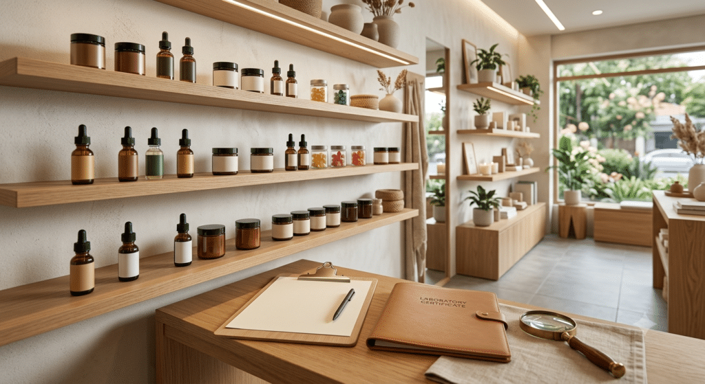 Delta-8 product containers on minimalist wooden shelves.