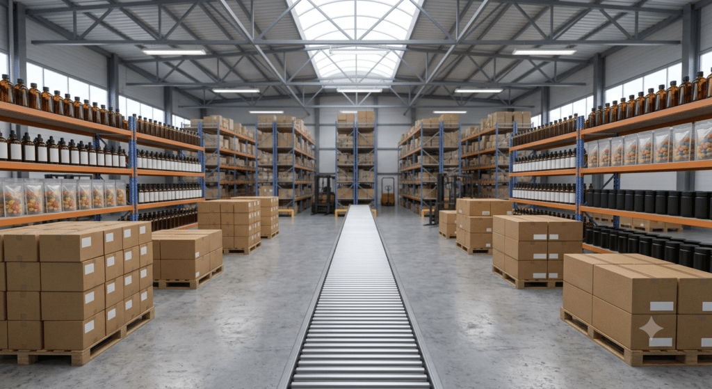Delta-8 products stored on organized warehouse shelves