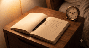 Open notebook with a pen and handwritten table on a wooden nightstand next to a round analog clock, illuminated by a warm light.