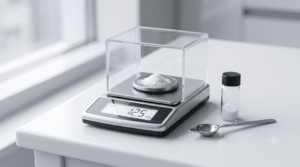 An electronic scale displays 12.25 mg, with a small pile of powder on the scale, a vial, and a metal spoon on a white surface nearby.