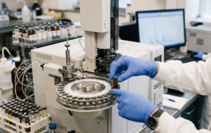 A lab technician places a sample vial into a gas chromatograph for analysis, with data displayed on a computer screen in the background.