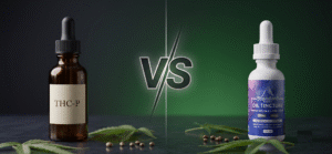 A brown THC-P dropper bottle and a white Delta-8 tincture bottle stand on either side of a "VS" graphic, with hemp leaves and seeds in the foreground.