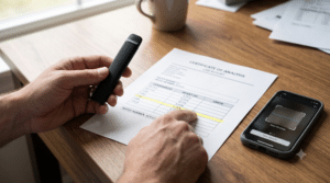 A person points to highlighted results on a certificate of analysis while holding a pen, with a smartphone and papers on a wooden desk.
