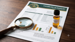 A magnifying glass and a vial labeled "Cannabinoid Extract" rest on a Certificate of Analysis displaying charts and tables with cannabinoid content data.