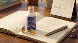 A bottle of oil tincture with a dropper rests on an open notebook next to a pen, with a calendar and potted plant in the background on a wooden desk.