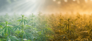 A dense field of cannabis plants is shown under morning sunlight and a misty atmosphere, with rays of light streaming through from the upper left corner.