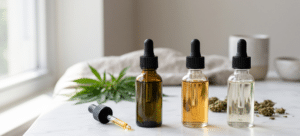 Three glass dropper bottles with different colored liquids are on a marble surface, with a dropper, a hemp leaf, and dried plant material in the background.