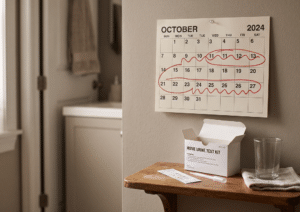 A home urine test kit sits on a wooden table near a glass of water, with an October 2024 calendar on the wall showing dates circled in red.