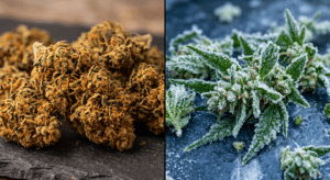 Left: Dried cannabis buds on a dark surface. Right: Fresh cannabis plant with green leaves and white trichomes on a similar surface.