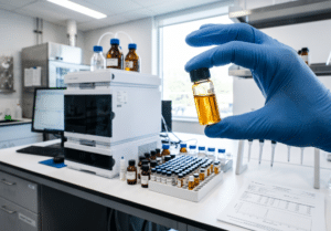 Gloved hand holds a small vial of amber liquid in a laboratory, with testing equipment, sample bottles, and analysis sheets visible on the workbench.