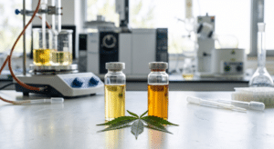 Two glass vials with yellow and amber liquids sit on a lab bench next to a cannabis leaf, with laboratory equipment visible in the background.